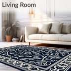 Intricate Floral Scrollwork Navy Blue Rug