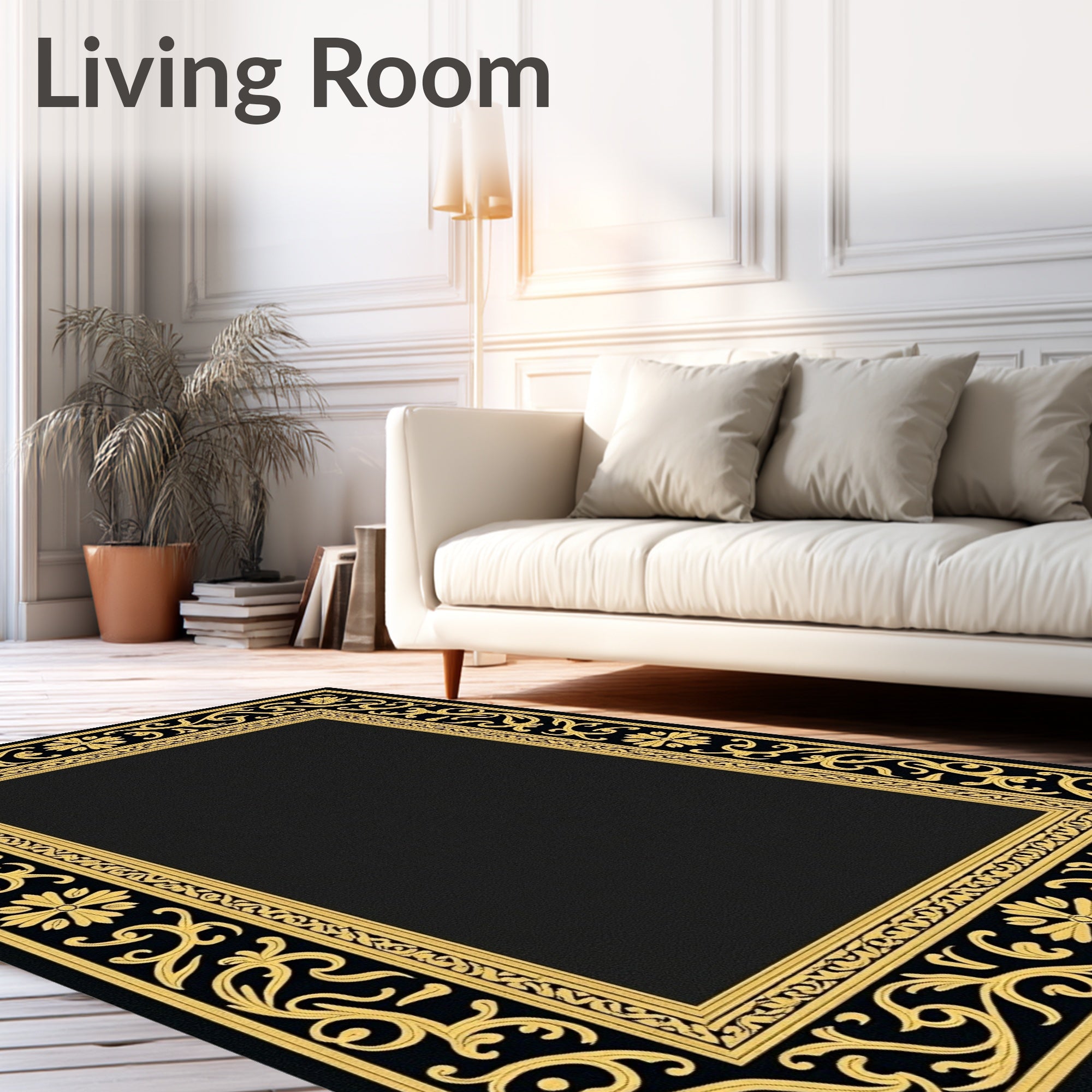 Elegant Black Gold Floral Frame Rug