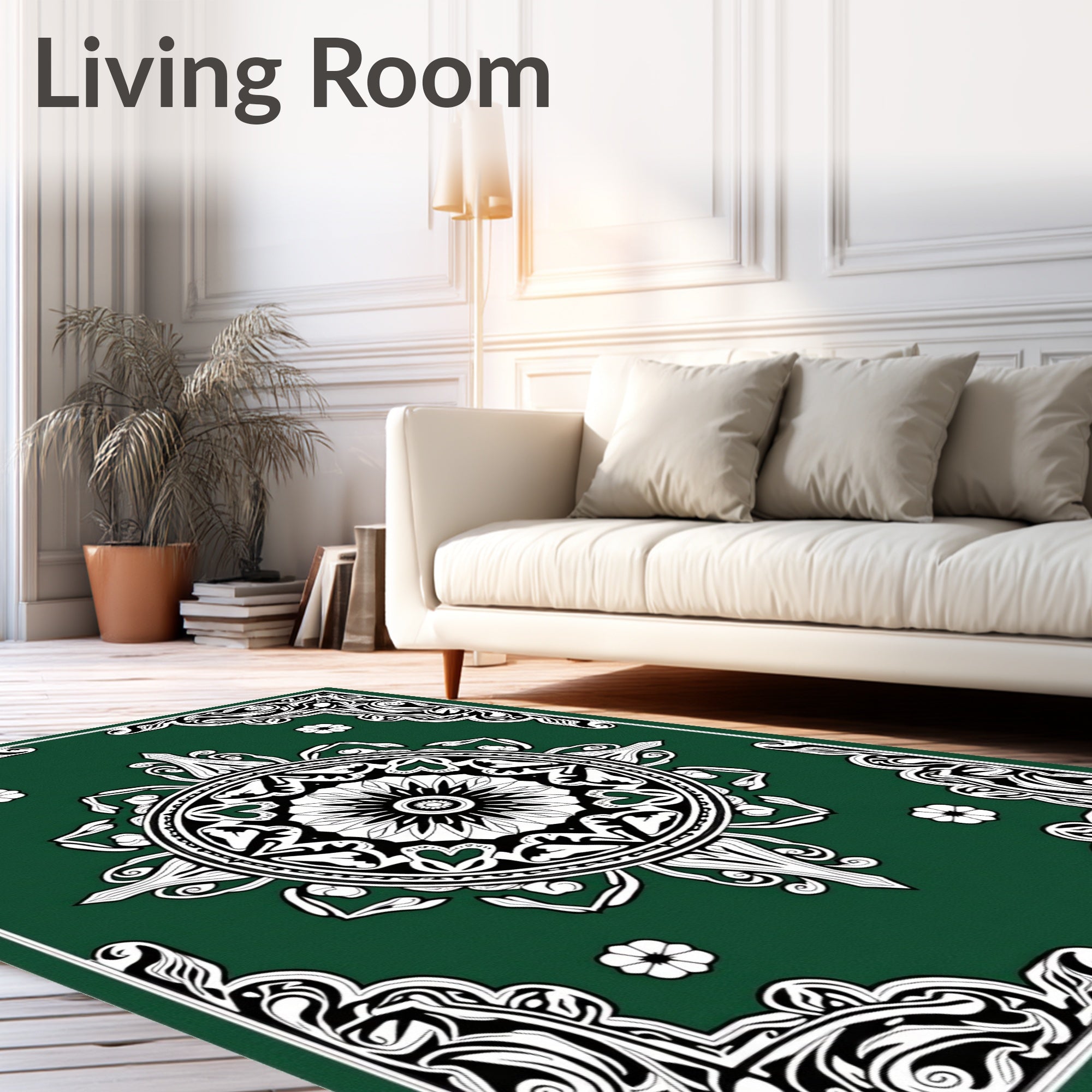Green Floral Medallion Border Design Rug