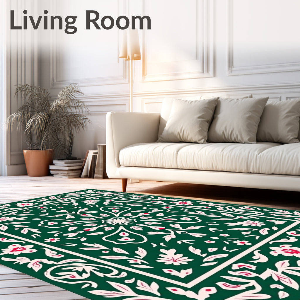 Floral Bordered Emerald Print Design Rug