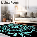 Cyan Mandala Leaf Patterned Rug