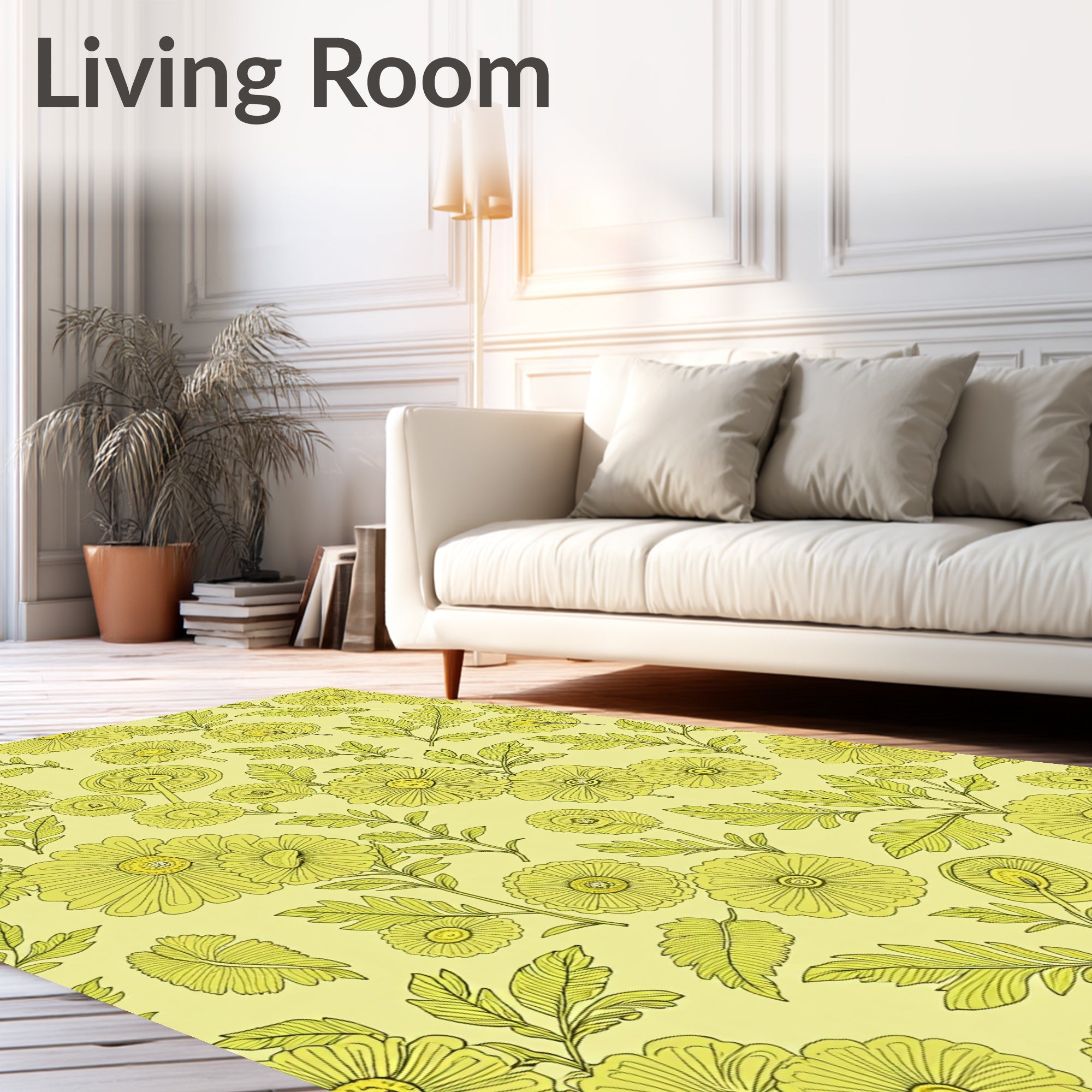 Yellow Floral Botanical Line Art Rug