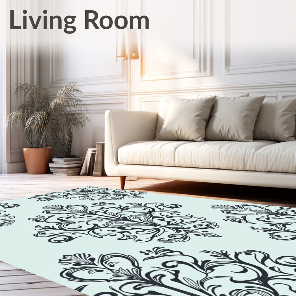 Classic Black Damask Floral Pattern Rug