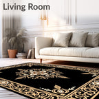Intricate Black Gold Floral Border Rug