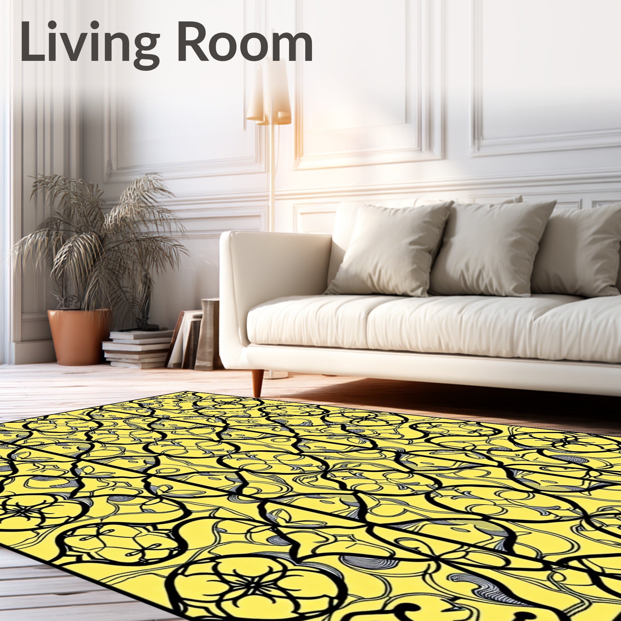 Bold Black Swirls on Yellow Background Rug