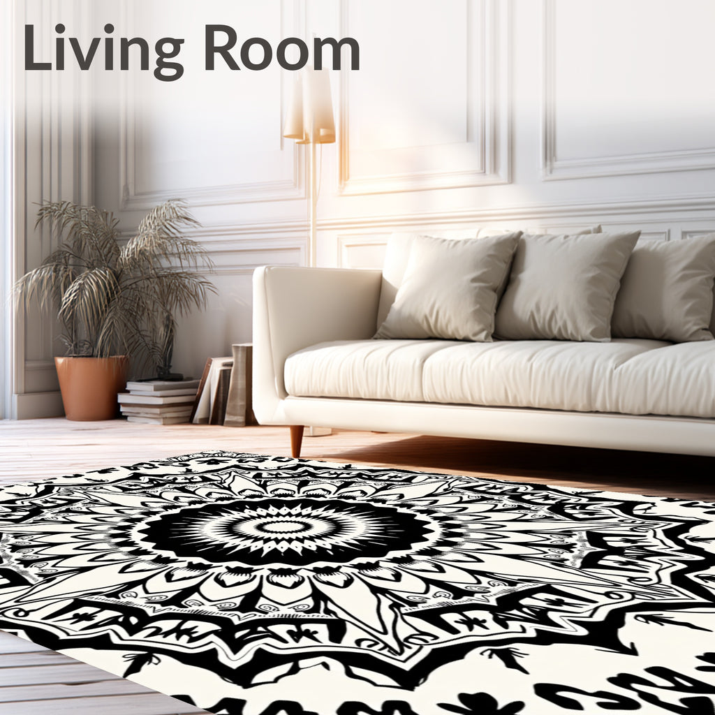 Intricate Black and White Mandala Pattern Rug