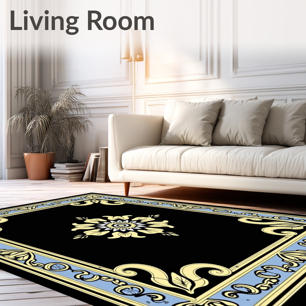 Floral Scrollwork Geometric Black Cream Rug