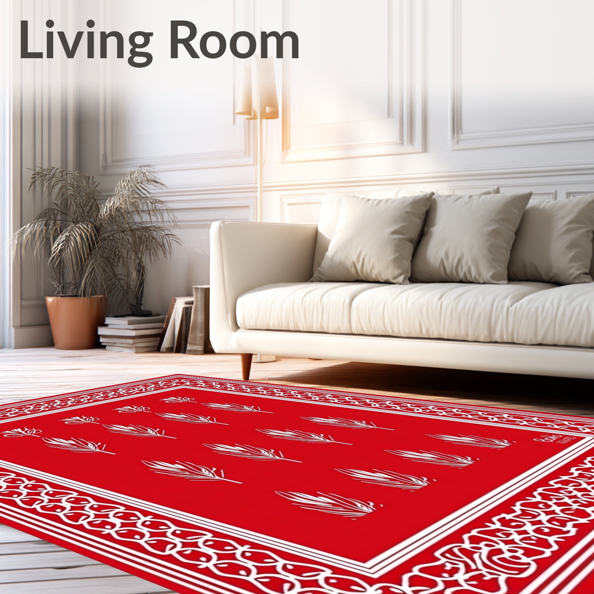 Red Feather Pattern With Boho Border Rug