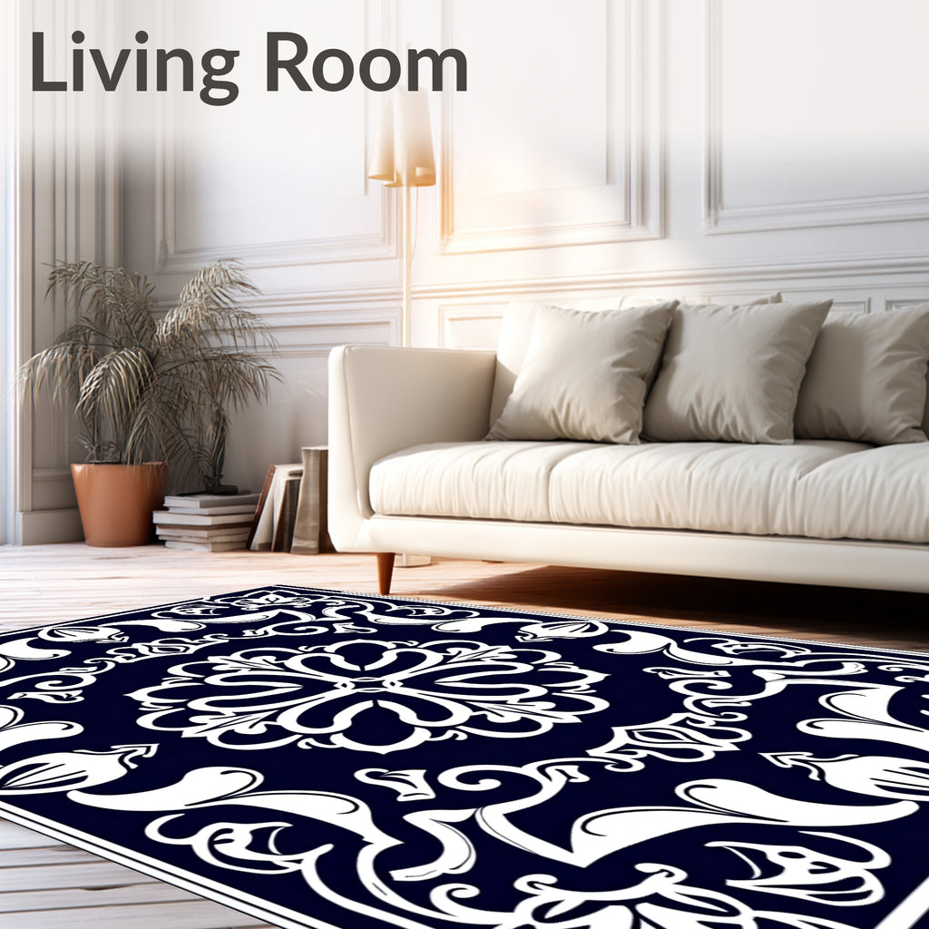 Ornate Floral Patterned Indigo Rug