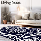 Ornate Floral Patterned Indigo Rug