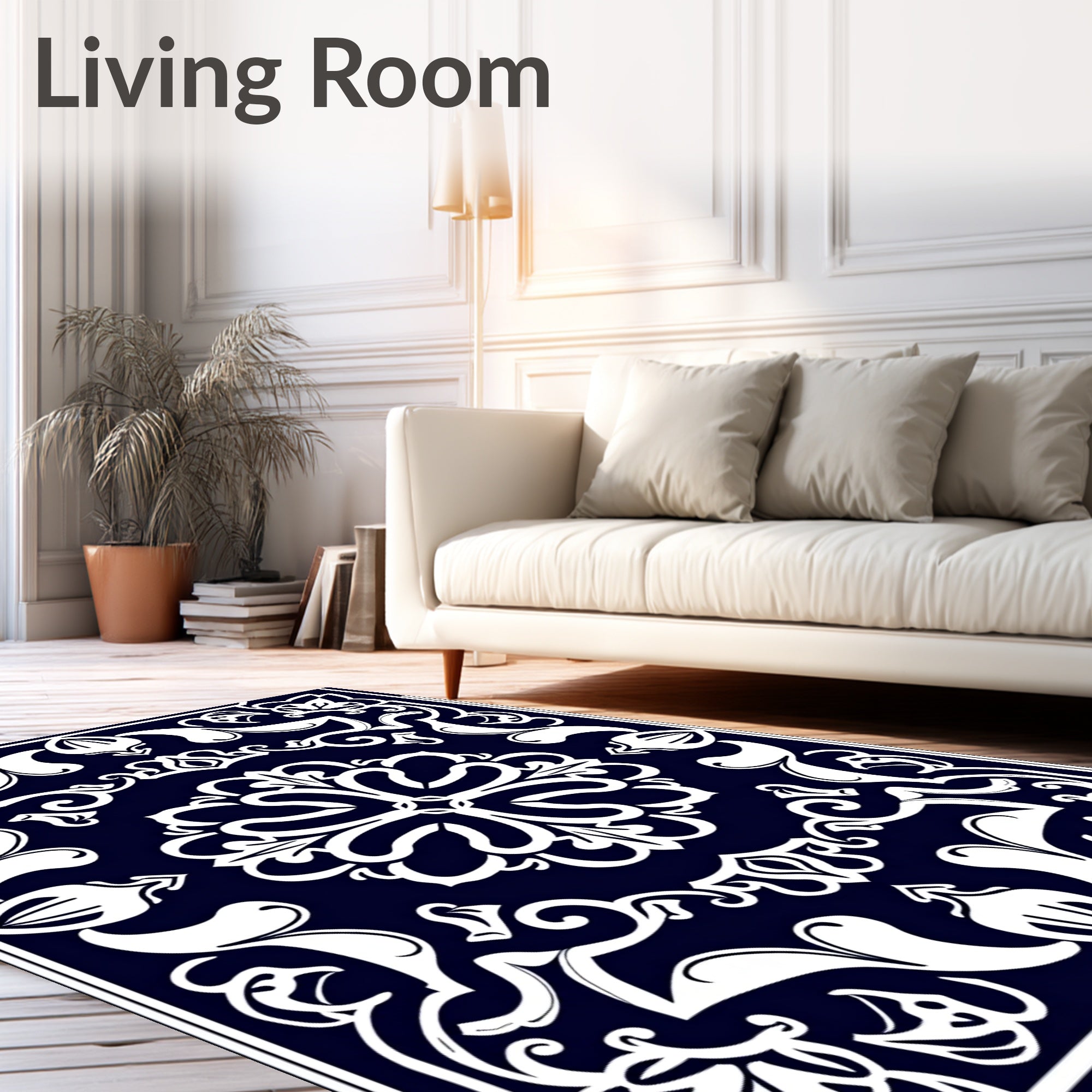 Ornate Floral Patterned Indigo Rug