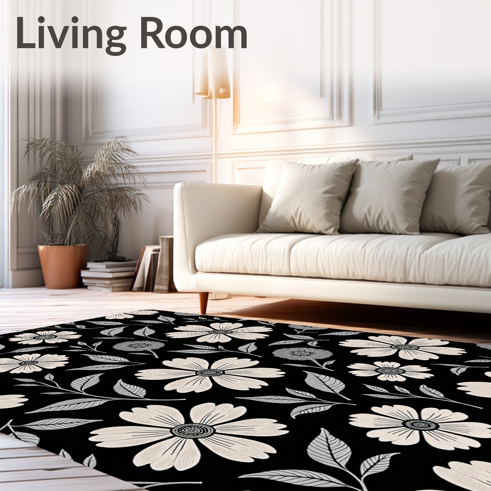 Black and Cream Floral Pattern Rug