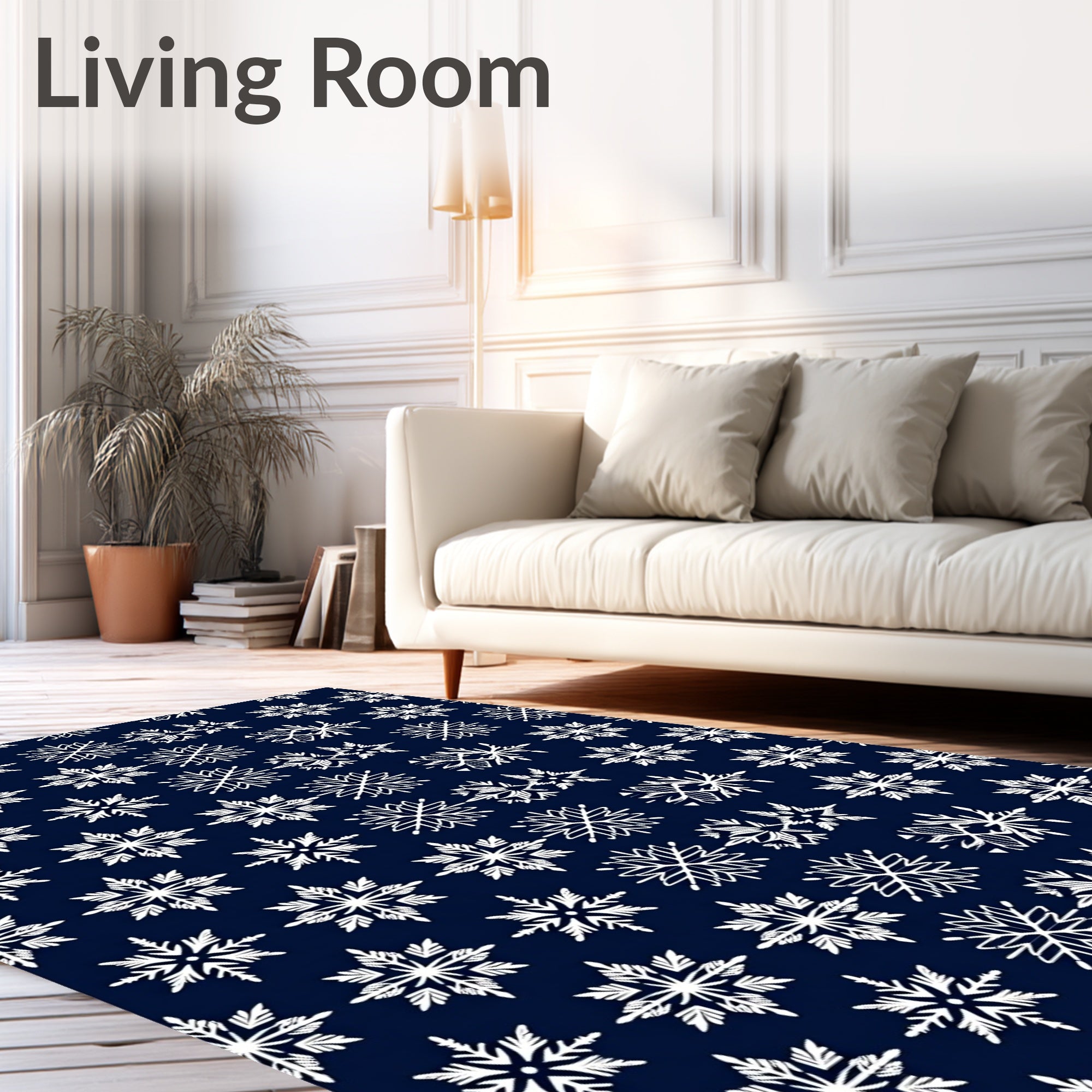 White Snowflake Patterned Navy Rug