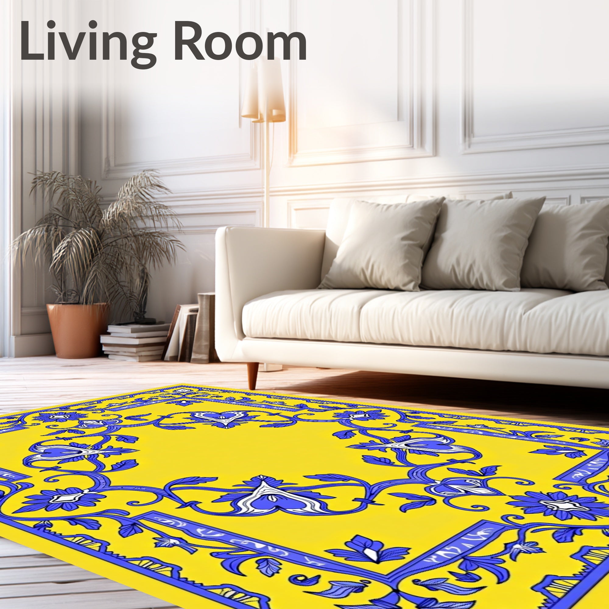 Elegant Yellow Blue Floral Scroll Rug