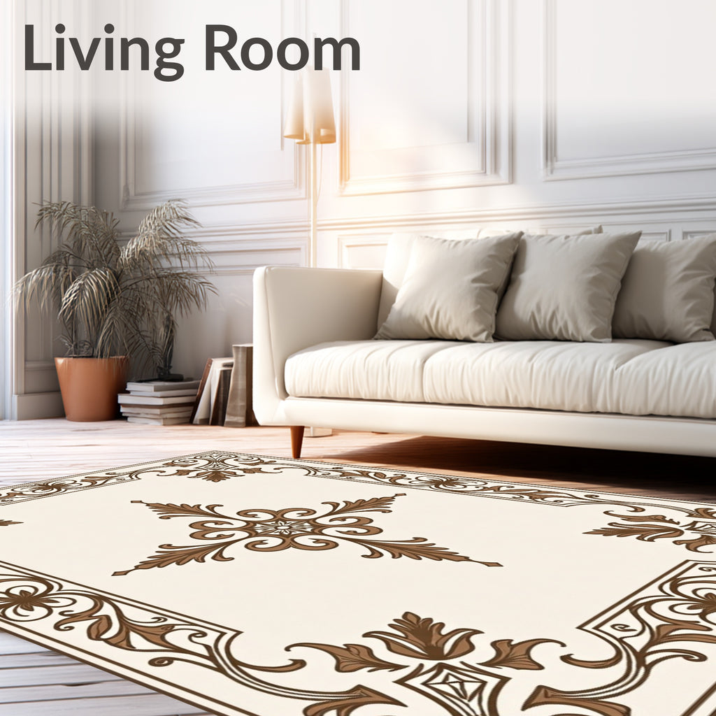 Ornate Brown Rococo Swirl Pattern Rug
