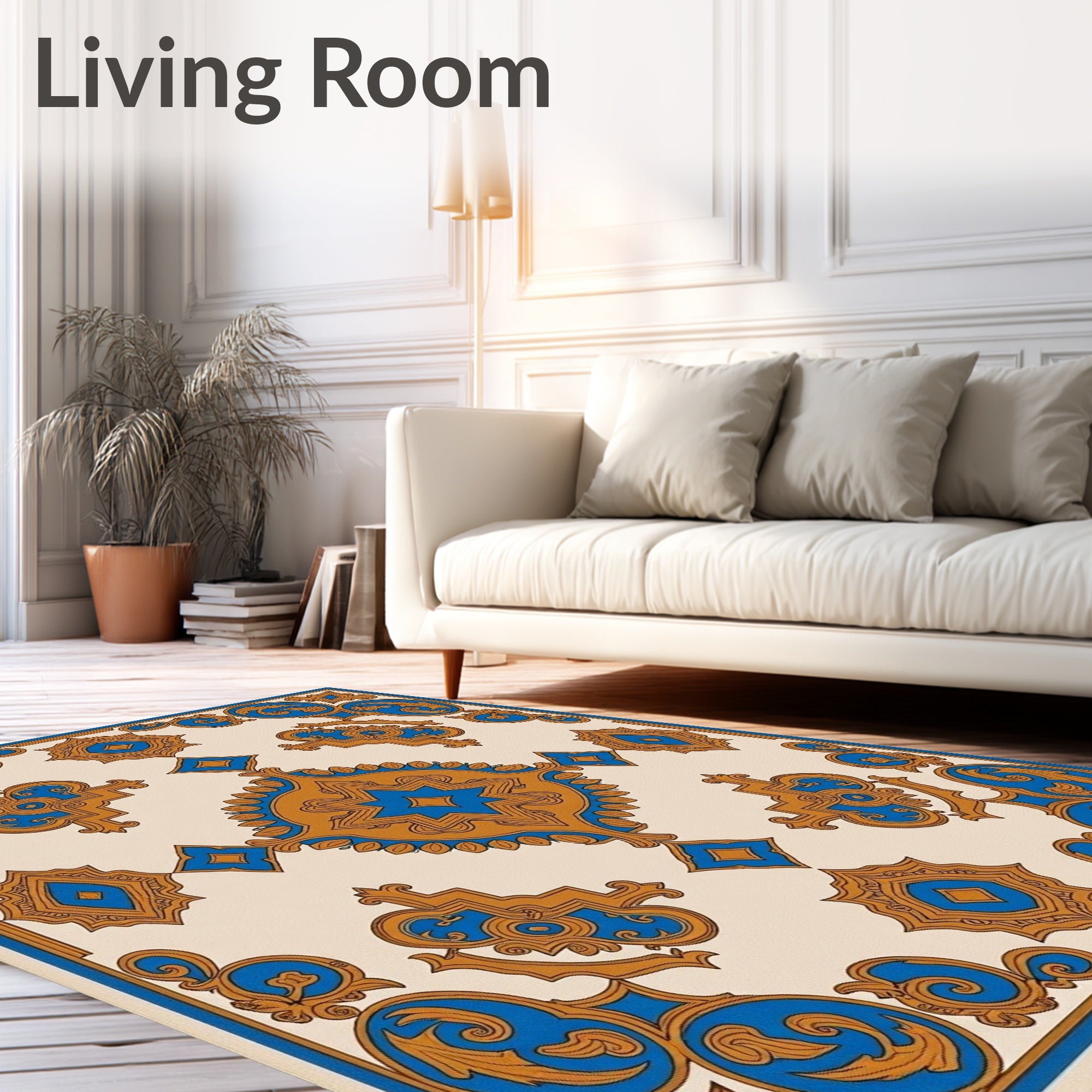 Ornate Blue Gold Scrollwork Medallion Rug
