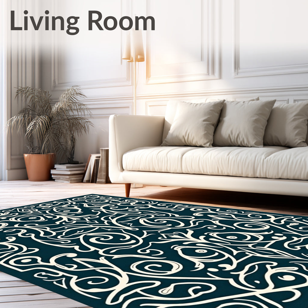 Dark Teal Floral Scroll Pattern Rug