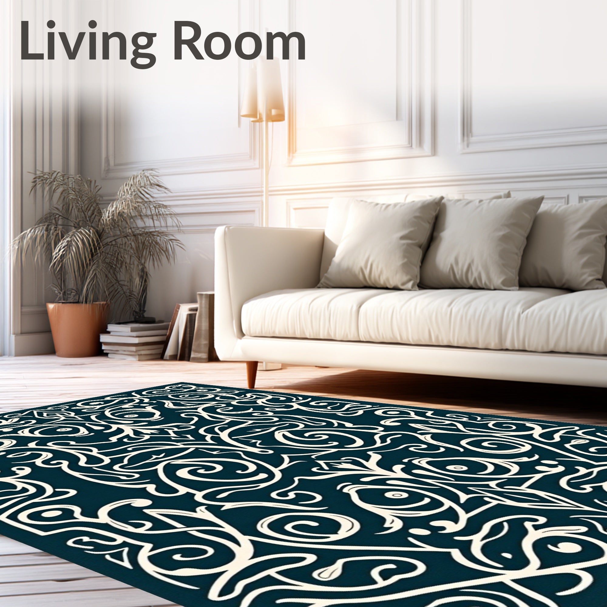 Dark Teal Floral Scroll Pattern Rug