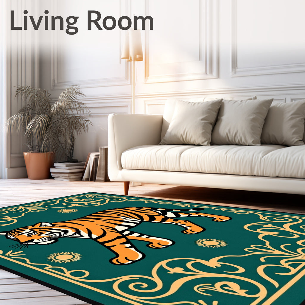 Tiger With Sun Scrollwork Design Rug