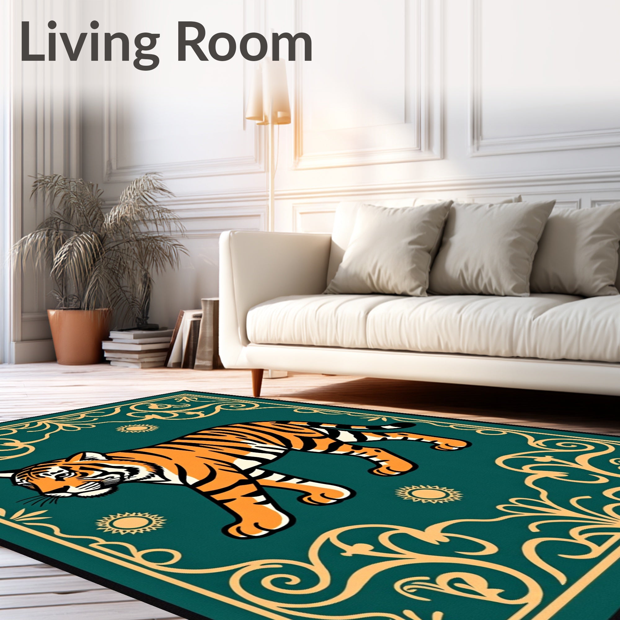 Tiger With Sun Scrollwork Design Rug