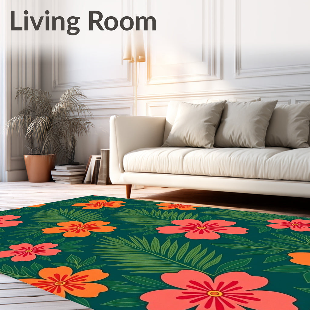 Vibrant Tropical Flowers and Leaves Rug