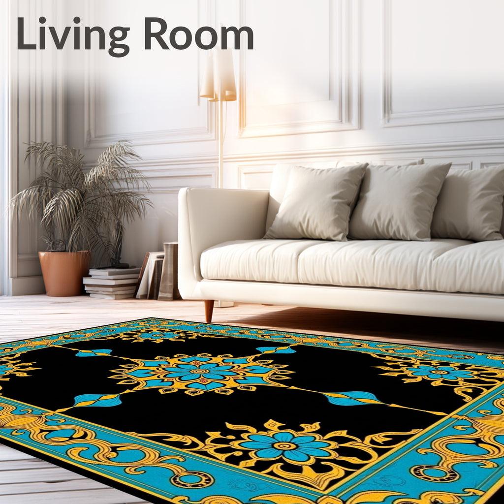 Regal Blue Gold Floral Frame Rug