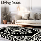 Ornate Black Ivory Scroll Border Pattern Rug