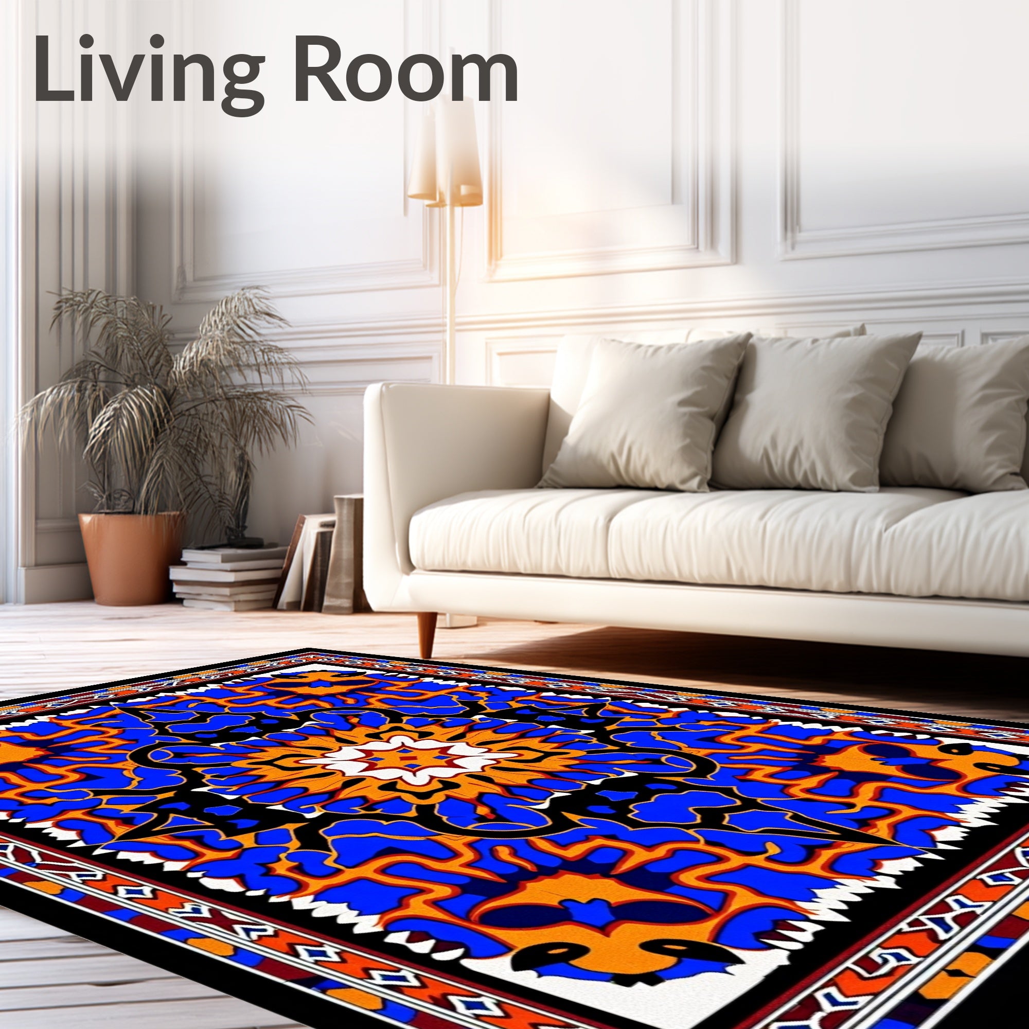 Bold Blue Orange Floral Medallion Rug