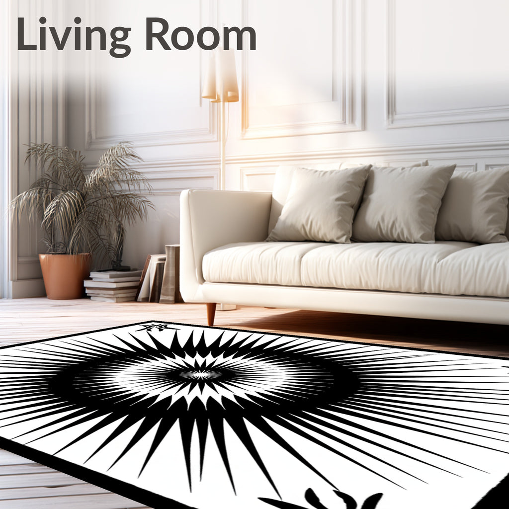Bold Black Sunburst Geometric Design Rug