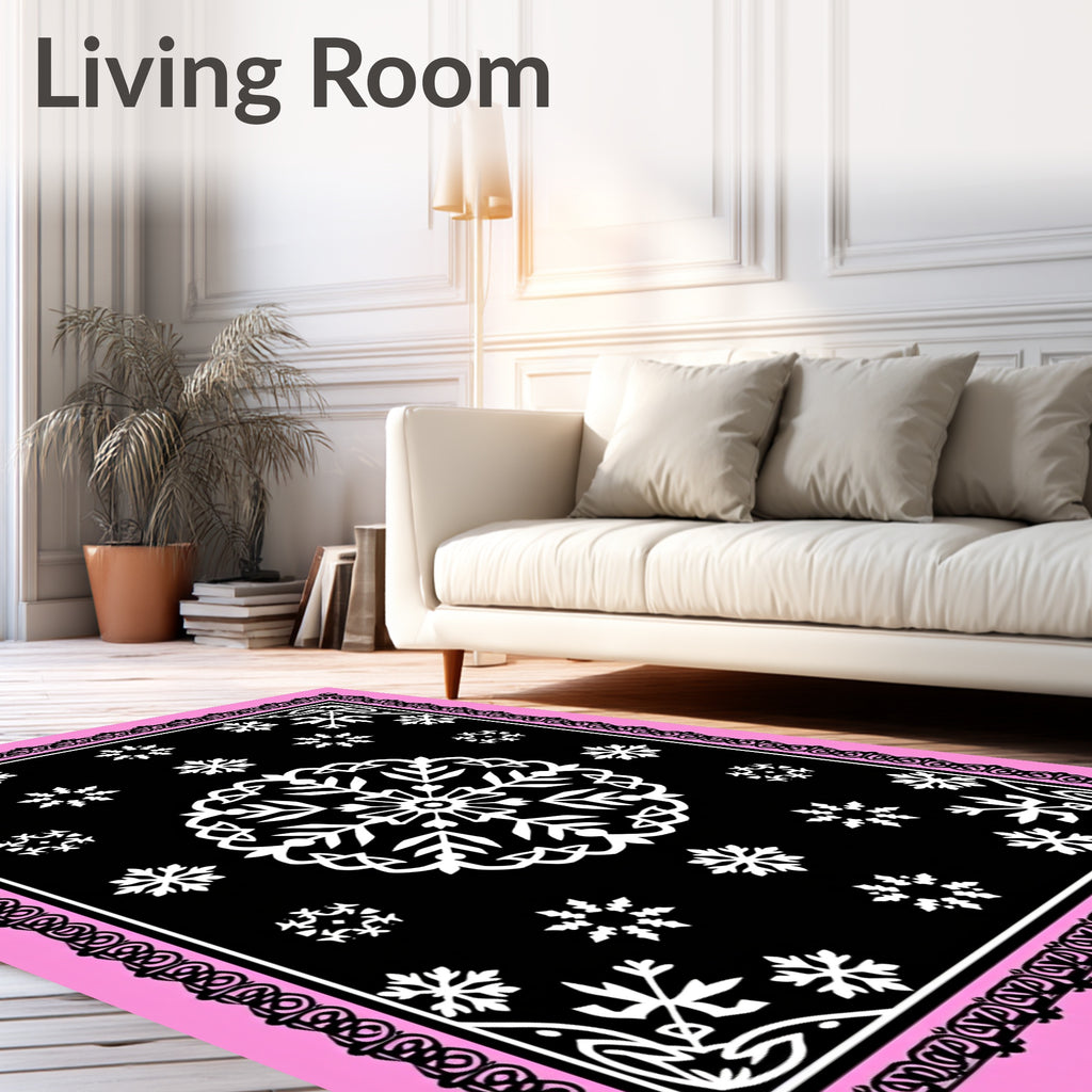 Black Pink Snowflake Medallion Border Rug