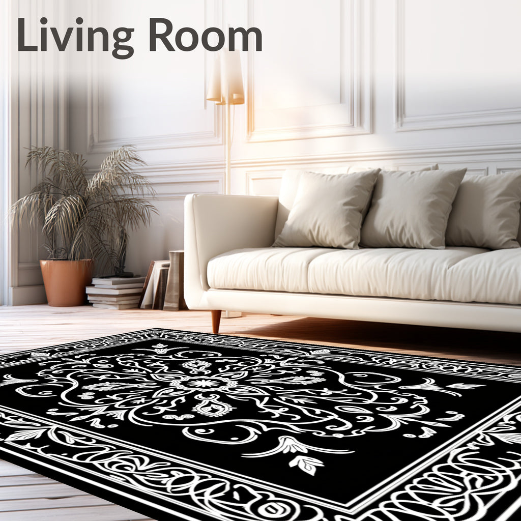 Ornate Black White Mandala Design Rug