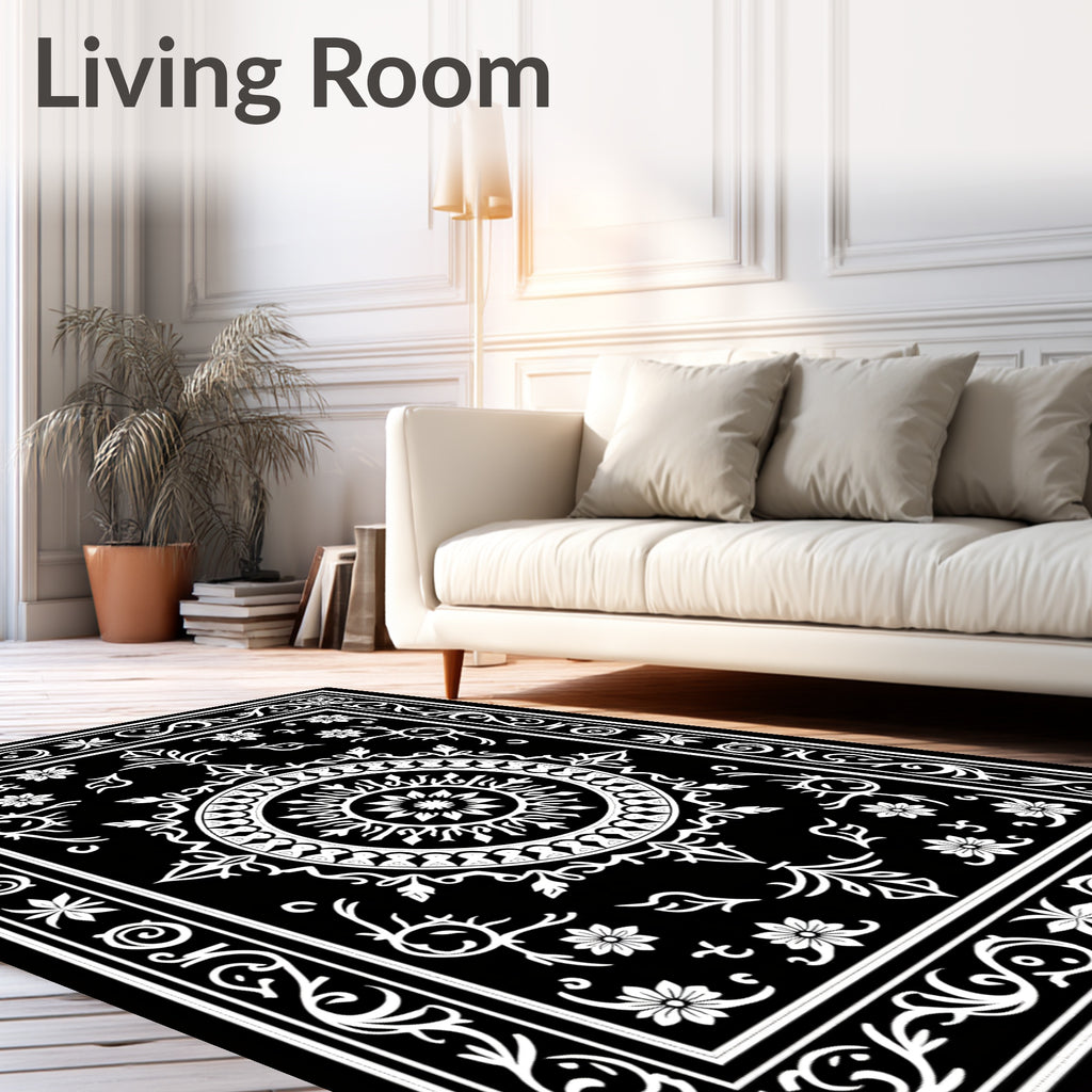 Black White Ornate Floral Medallion Rug