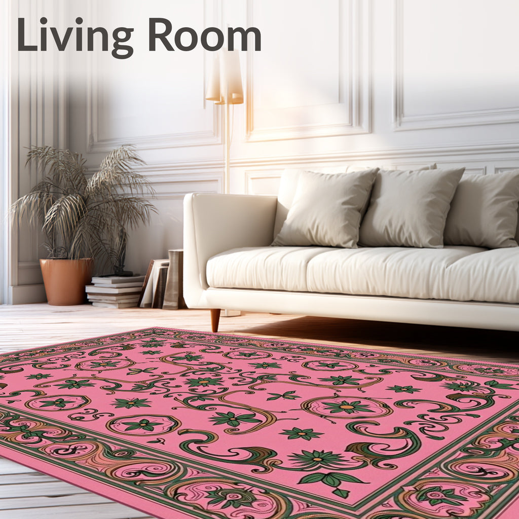 Pink Floral Swirls Detailed Pattern Rug
