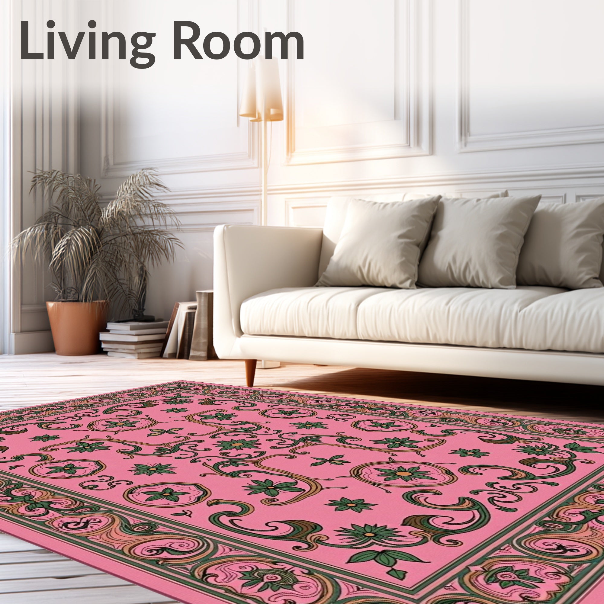 Pink Floral Swirls Detailed Pattern Rug