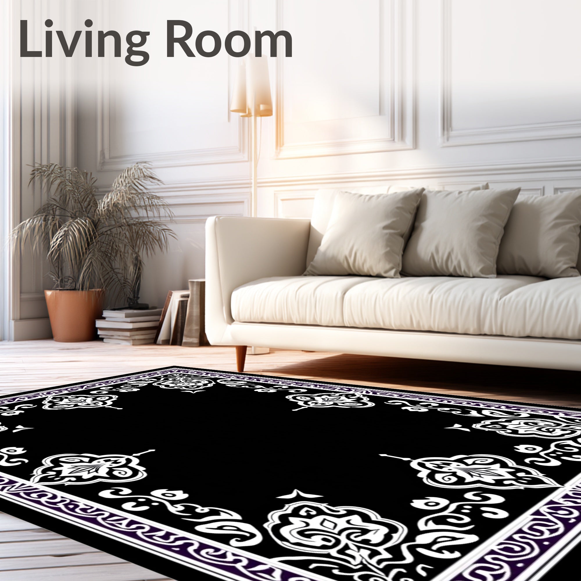 Ornate White Floral Border Design Rug