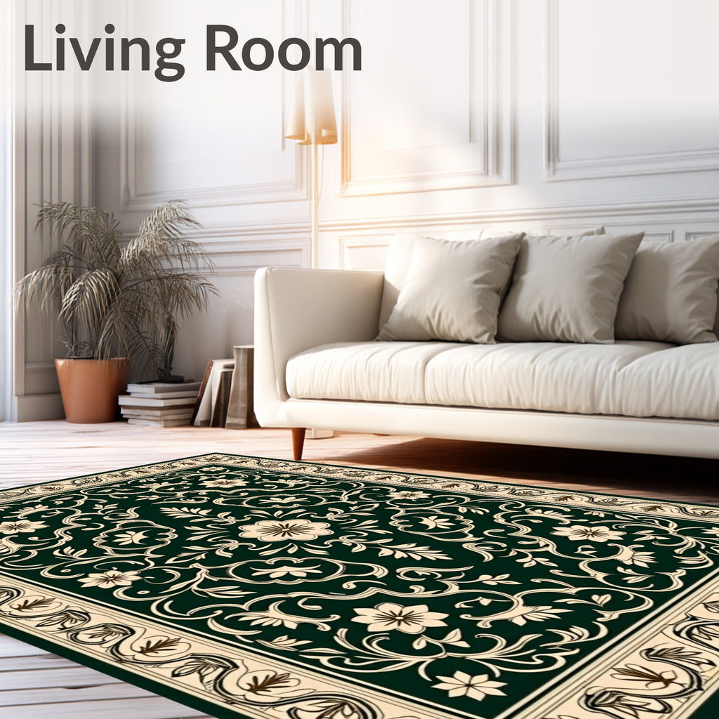 Vintage Floral Swirls Cream Green Rug