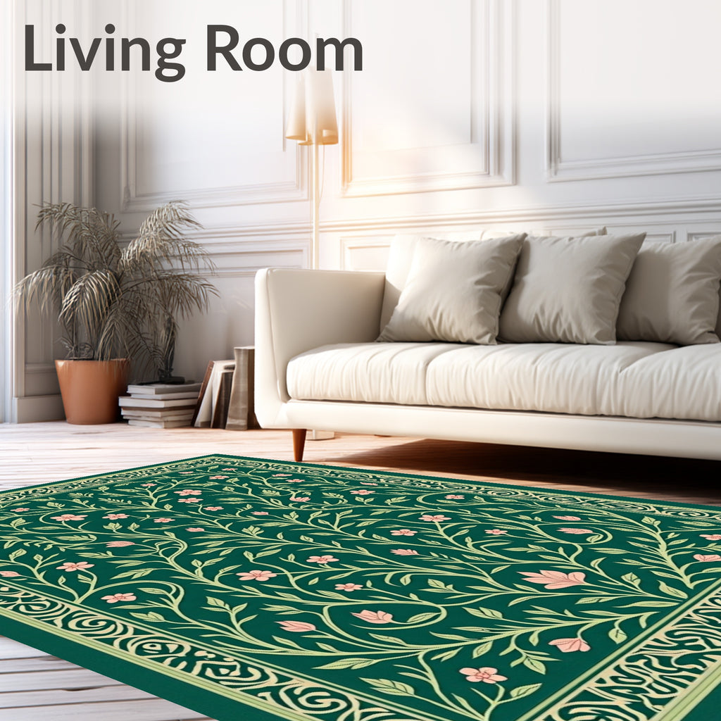 Dark Green Floral Vines Pattern Rug