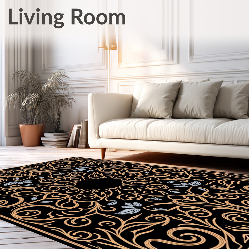 Elegant Gold Swirls Botanical Pattern Rug