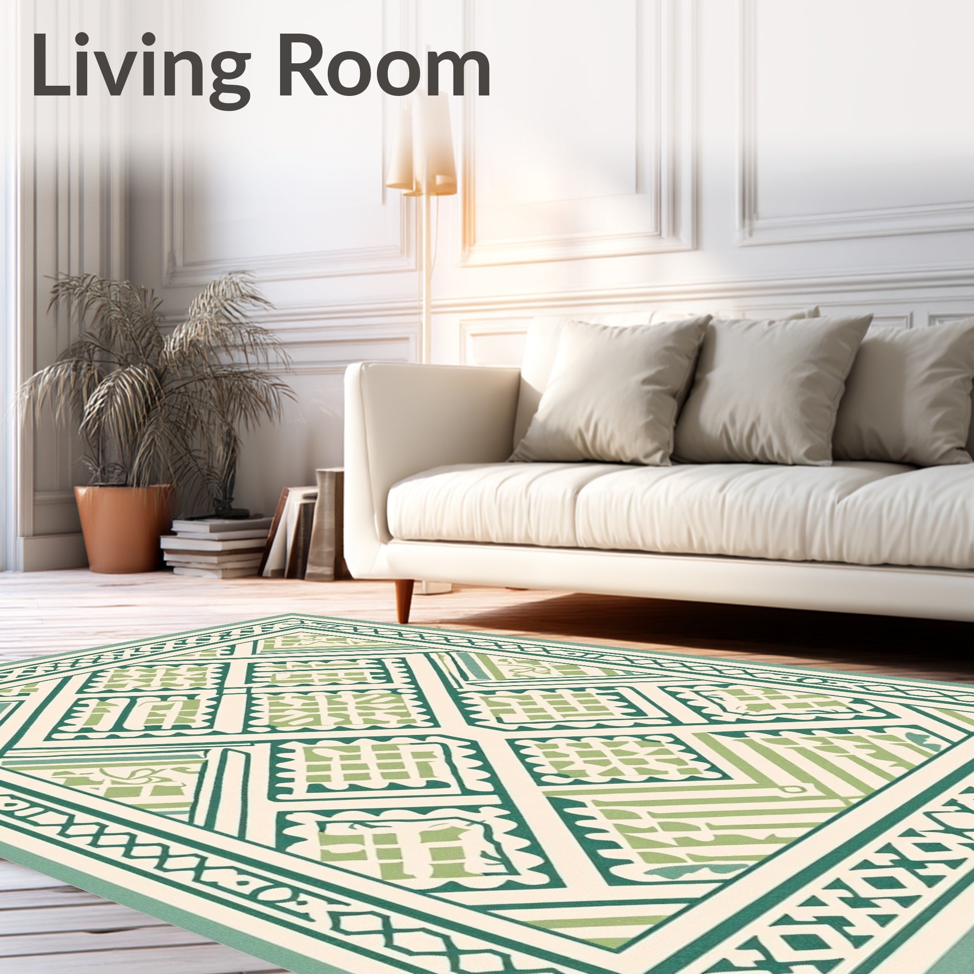 Geometric Patterned Green Cream Rug