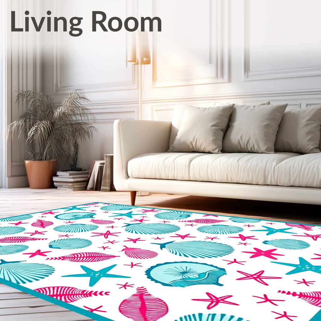 Teal Pink Seashell Patterned Design Rug