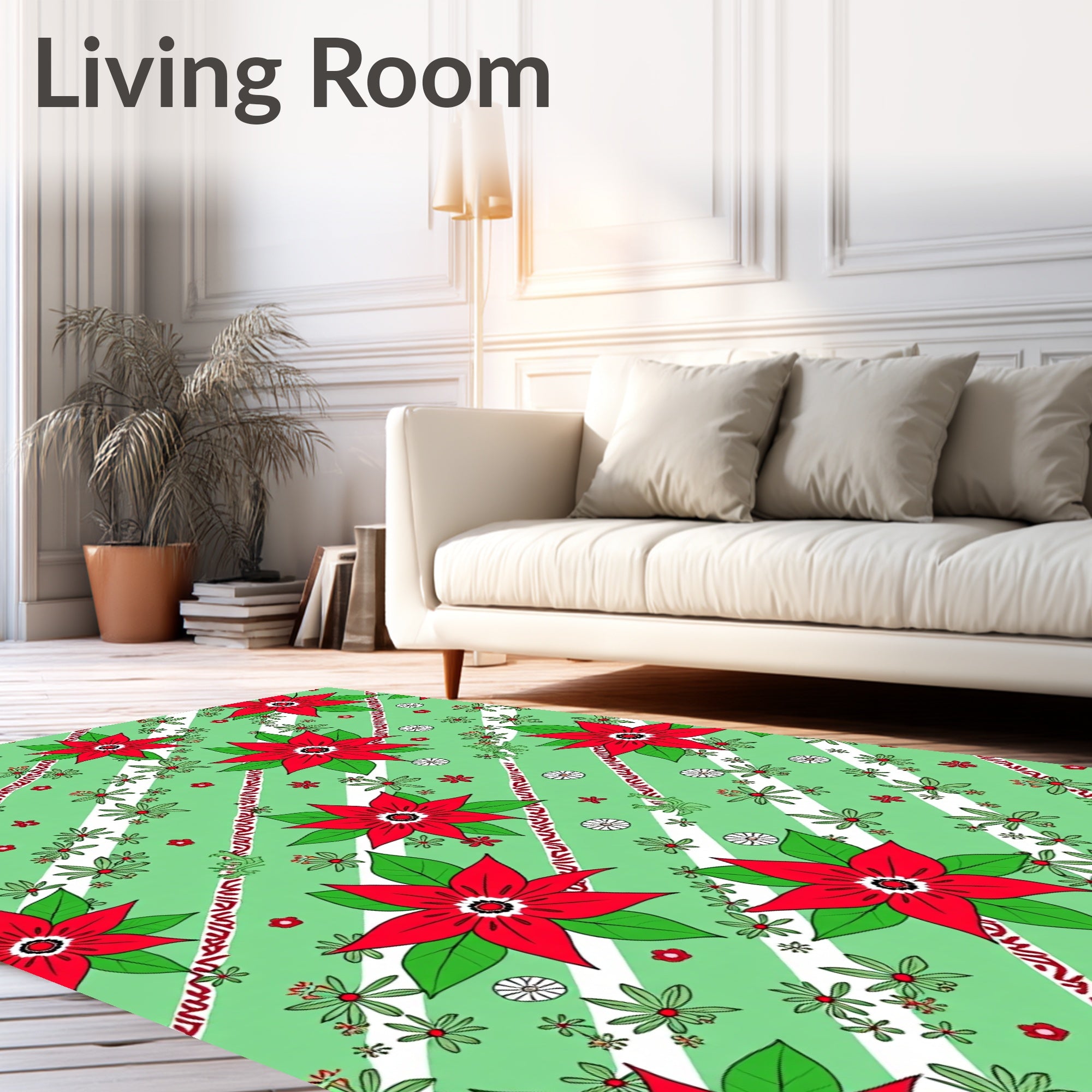 Red Poinsettia Green Stripe Floral Rug