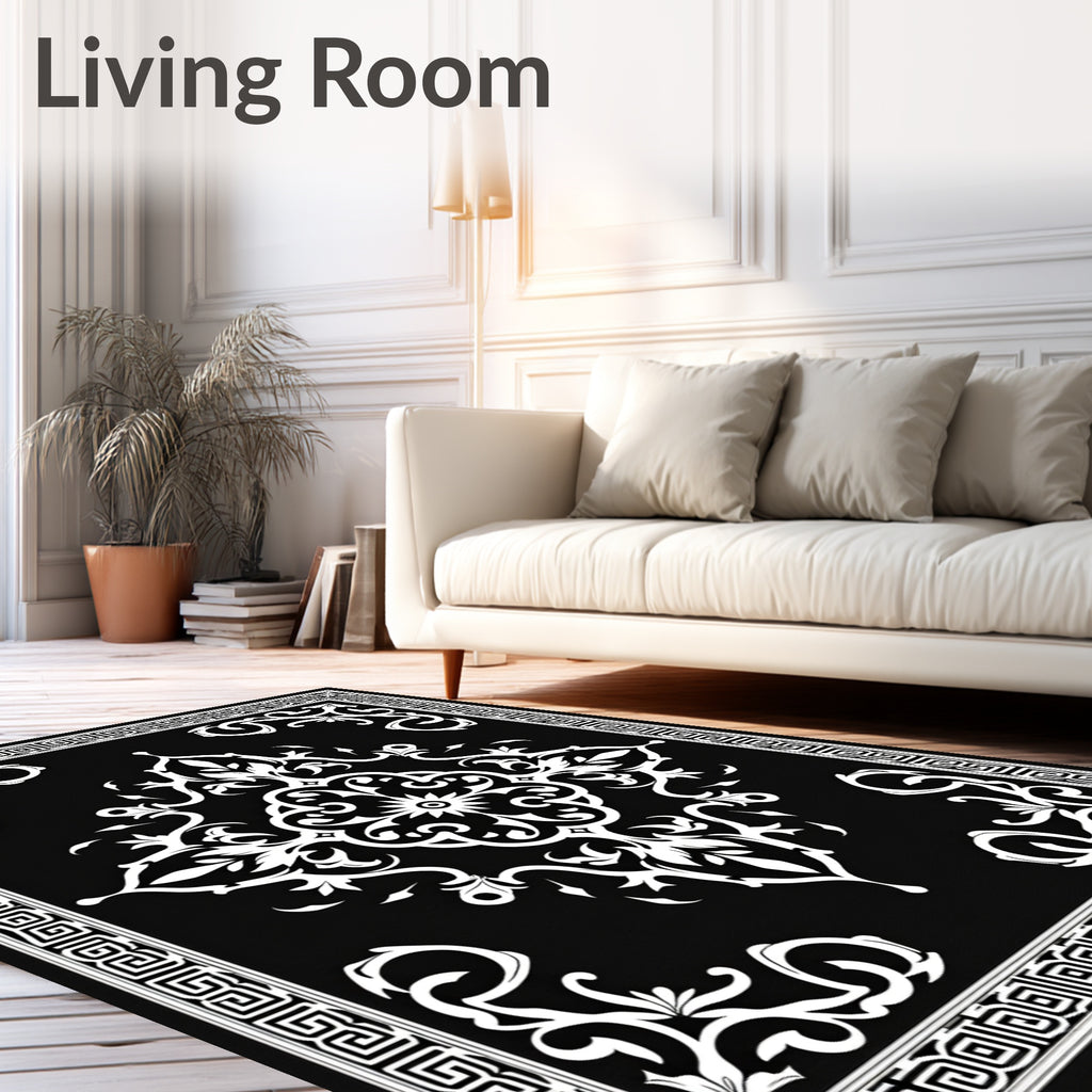 Black White Classical Scroll Pattern Rug