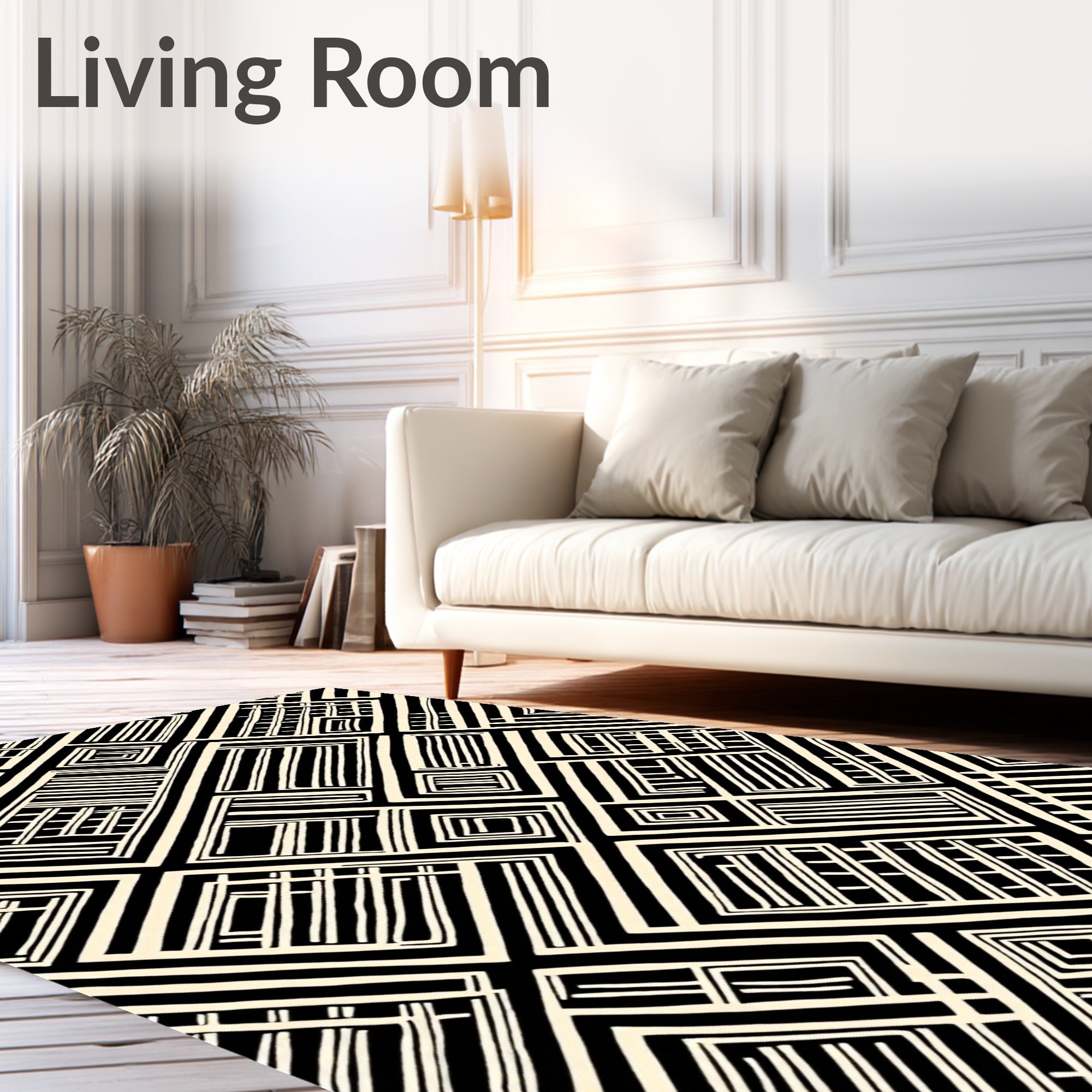 Geometric Grid Black Cream Pattern Rug