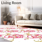 Whimsical Pink Gold Floral Scroll Rug