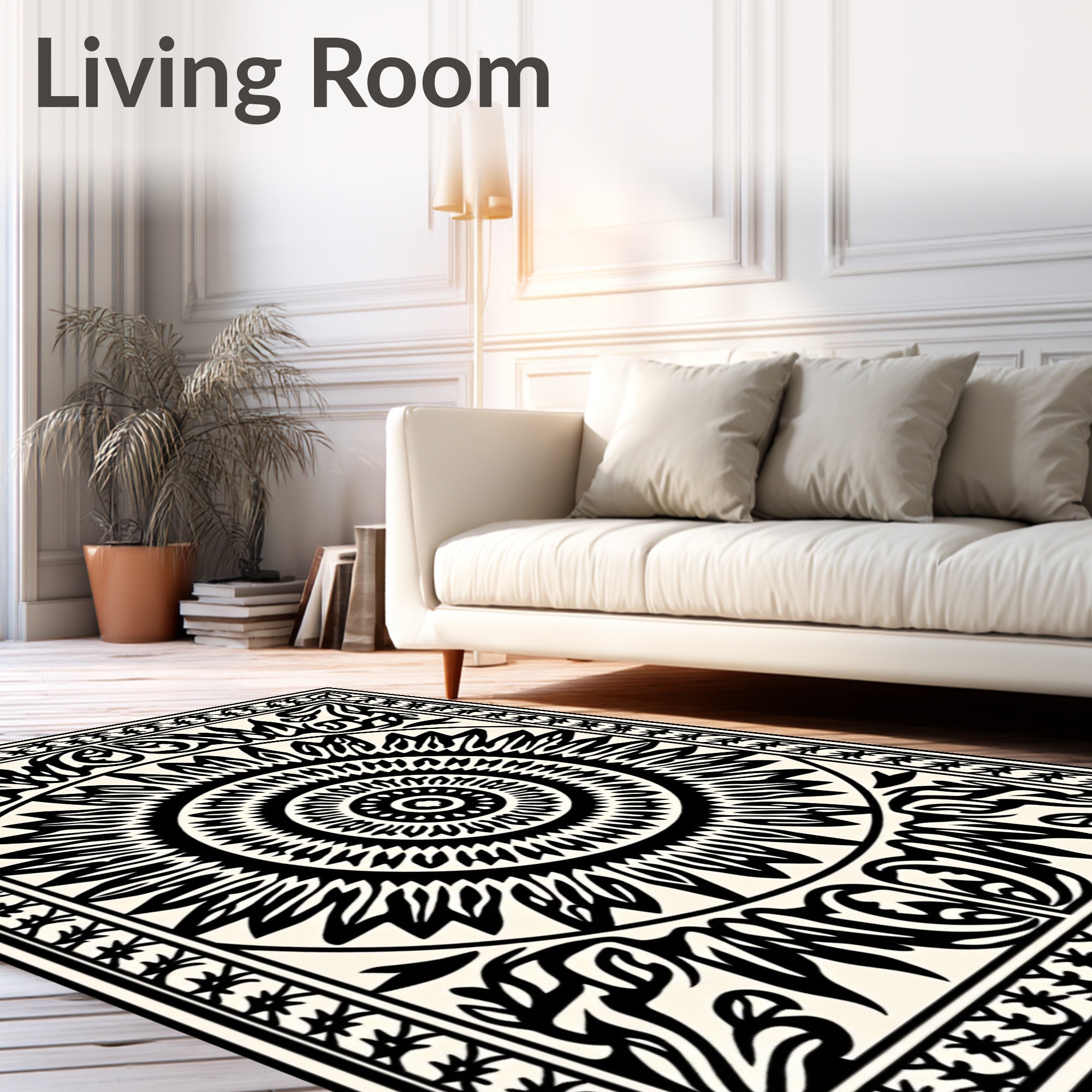 Ornate Sunburst Mandala Black and White Design Rug