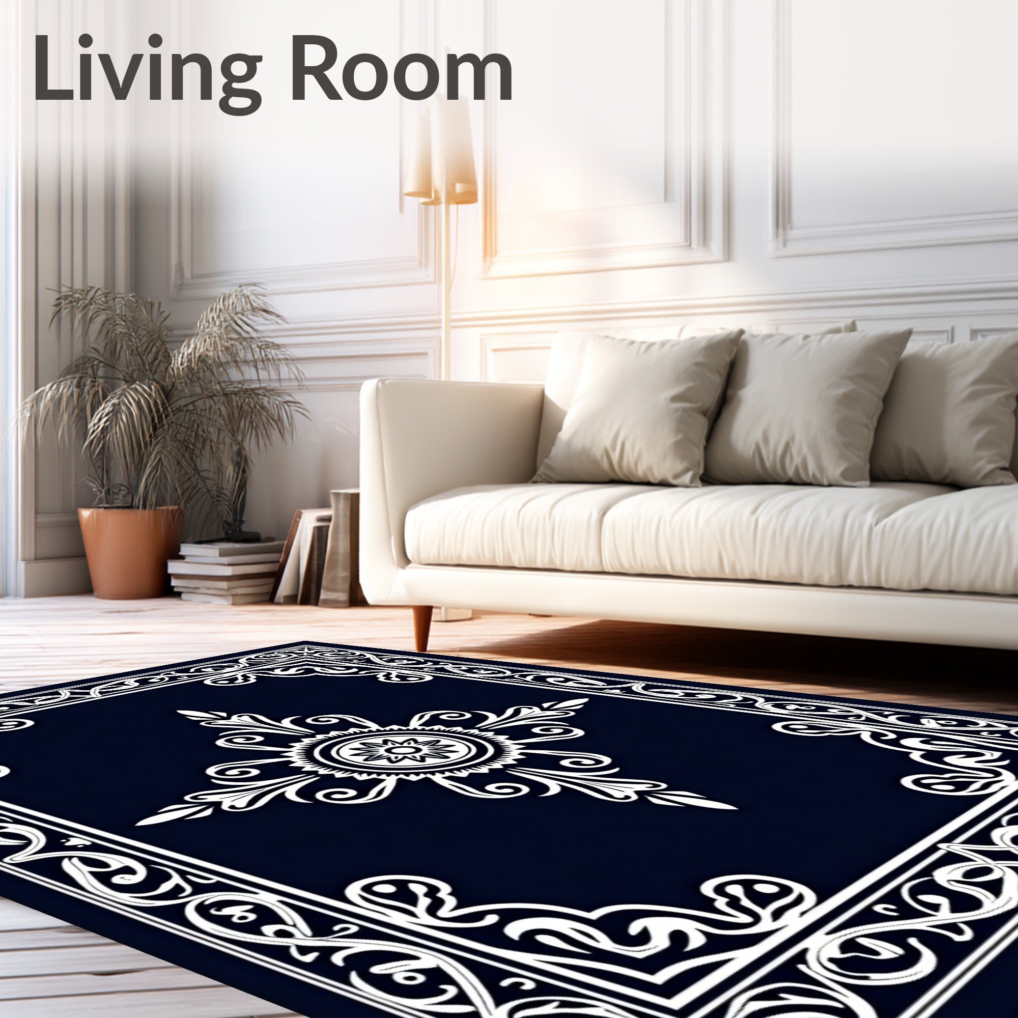 Elegant White Scrollwork With Floral Center Rug