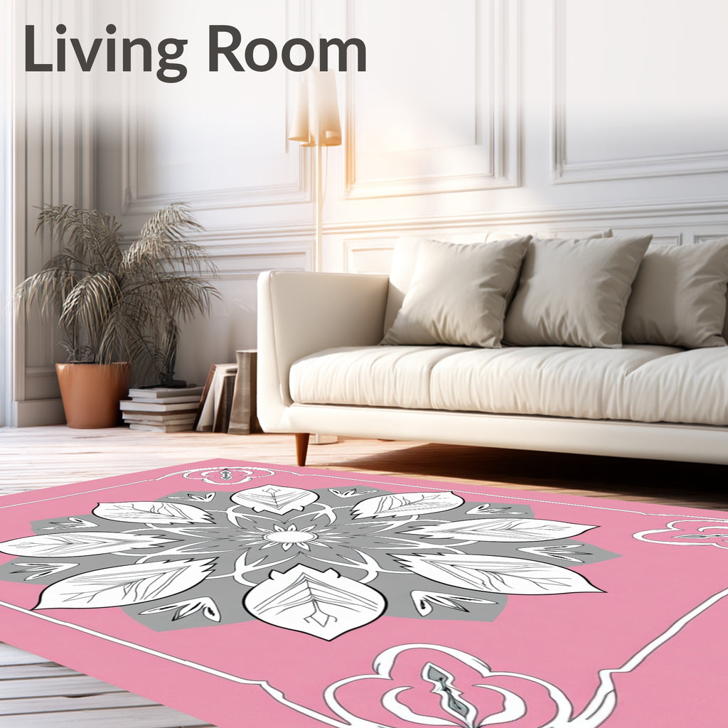 Floral Linework Mandala With Pink Frame Rug