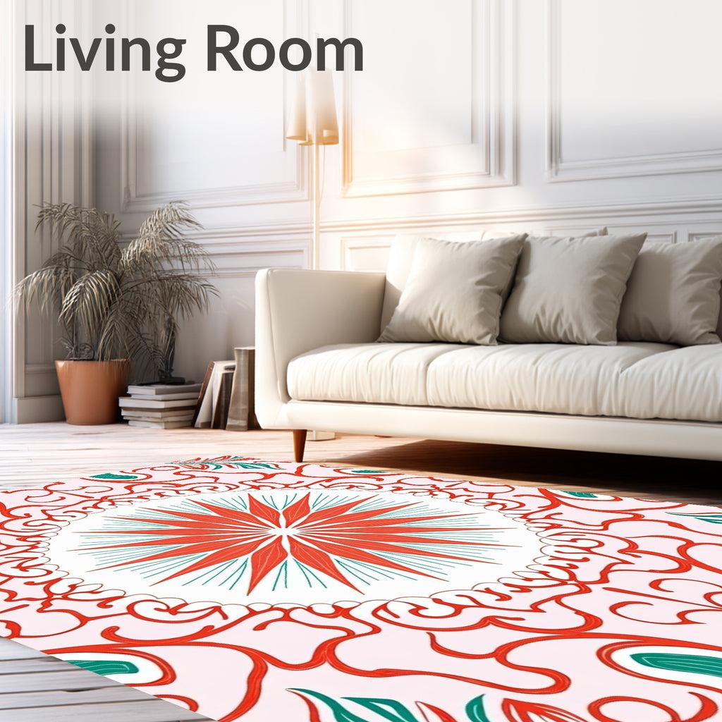 Red Teal Starburst Mandala Pattern Rug