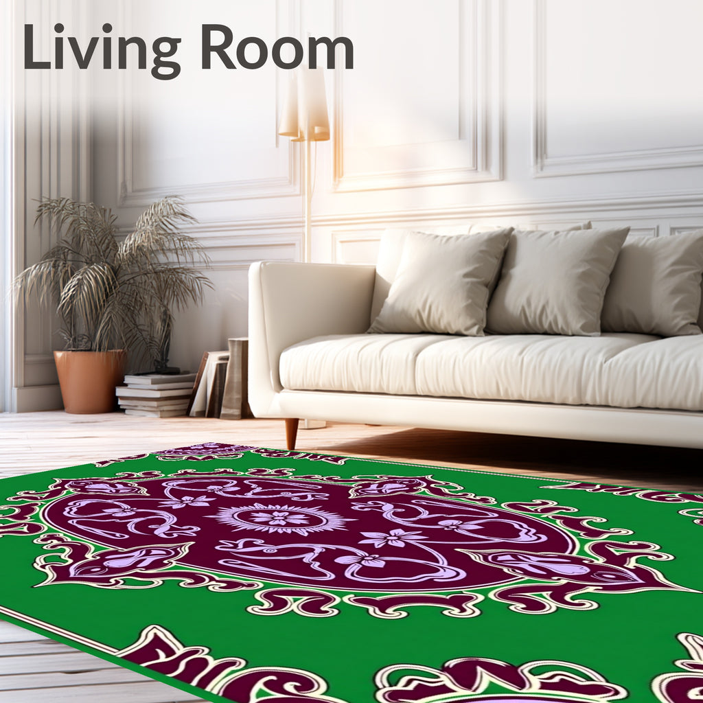 Vivid Green Oval Floral Medallion Design Rug