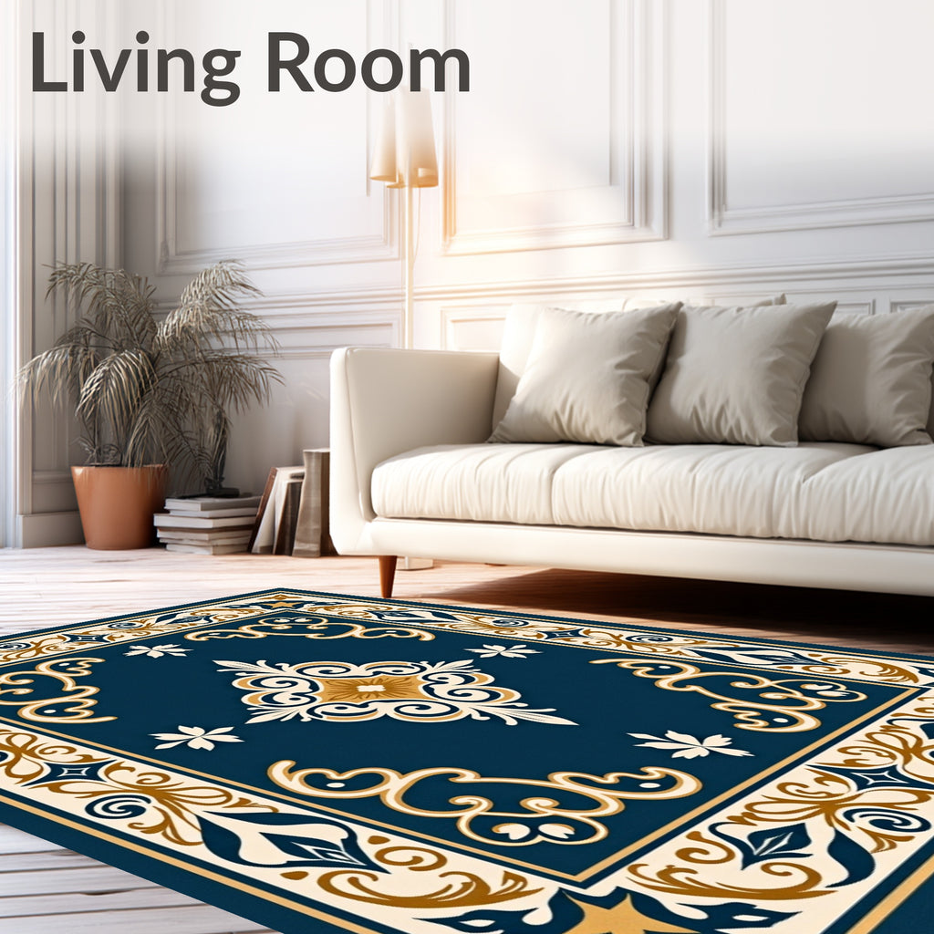 Ornate Blue Gold Scrollwork Rug